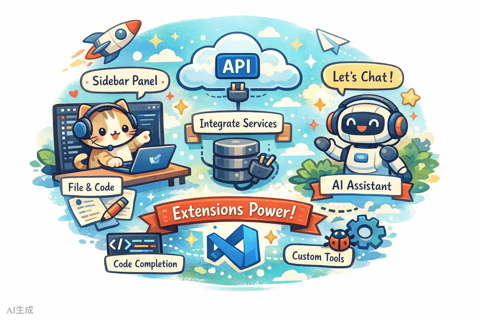 VS Code 插件生态示意图,展示插件可以扩展的各个区域:侧边栏、编辑器、状态栏、命令面板、Chat 面板