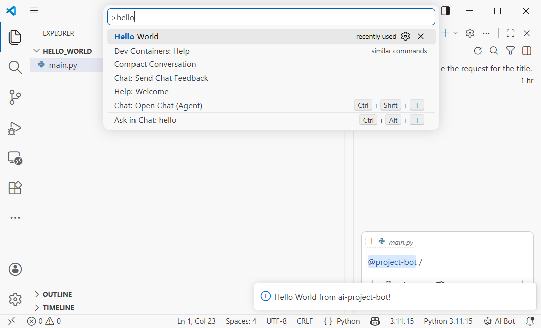 VS Code 调试插件的截图,展示 Extension Development Host 窗口和 Hello World 消息